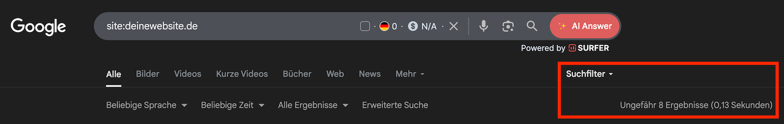 Screenshot der Google-Suche mit dem Suchoperator „site:“.